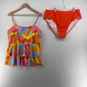 Women's Plus Size 3X Shein Bathing Suit Tankini‎ Ruffled Top Full Bottoms Bright